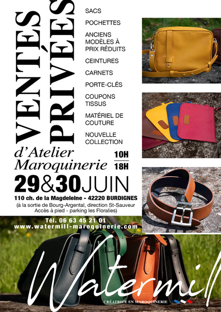 Affiche ventes privées d'atelier des 29 et 30 juin 2024, avec photos de modèles de sacs et d'accessoires en cuir